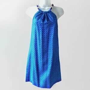 Shoshanna 100% Silk Shift Cocktail Dress Size 0 Blue Halter Blue Geometric Bow